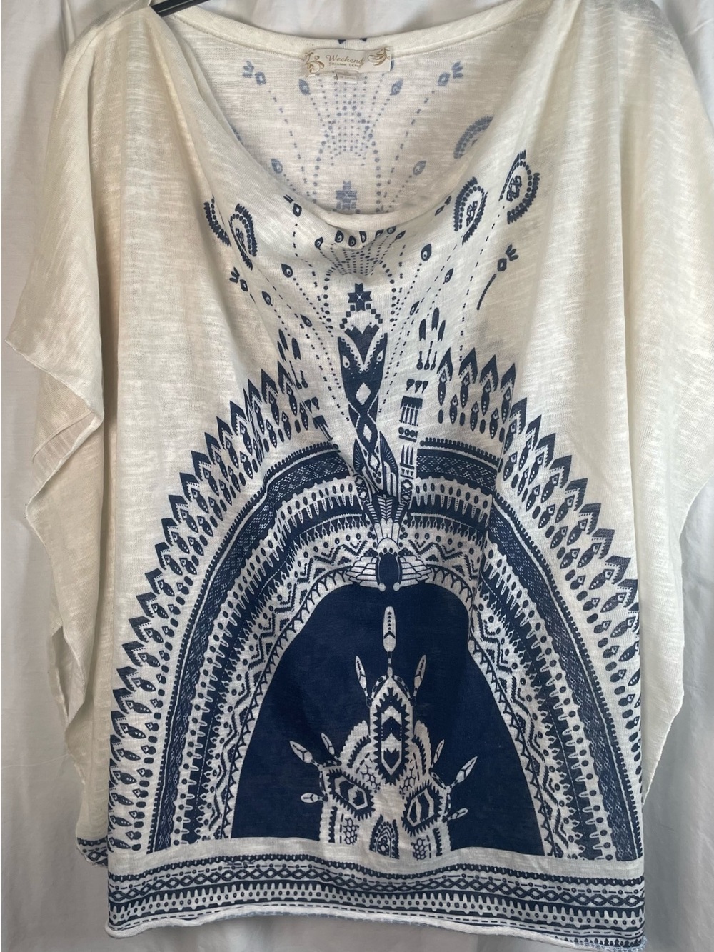 Weekend Suzanne Betró Boho Tunic Top Plus Size 1X White Blue Mandala Paisley